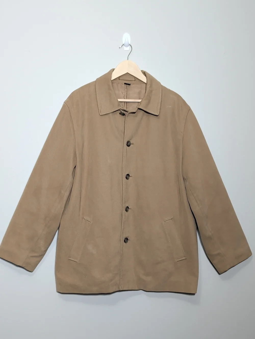 Vtg 90's J.Crew Mens Classic Tan Button-Up Coat Mid Length Minimal Preppy Large